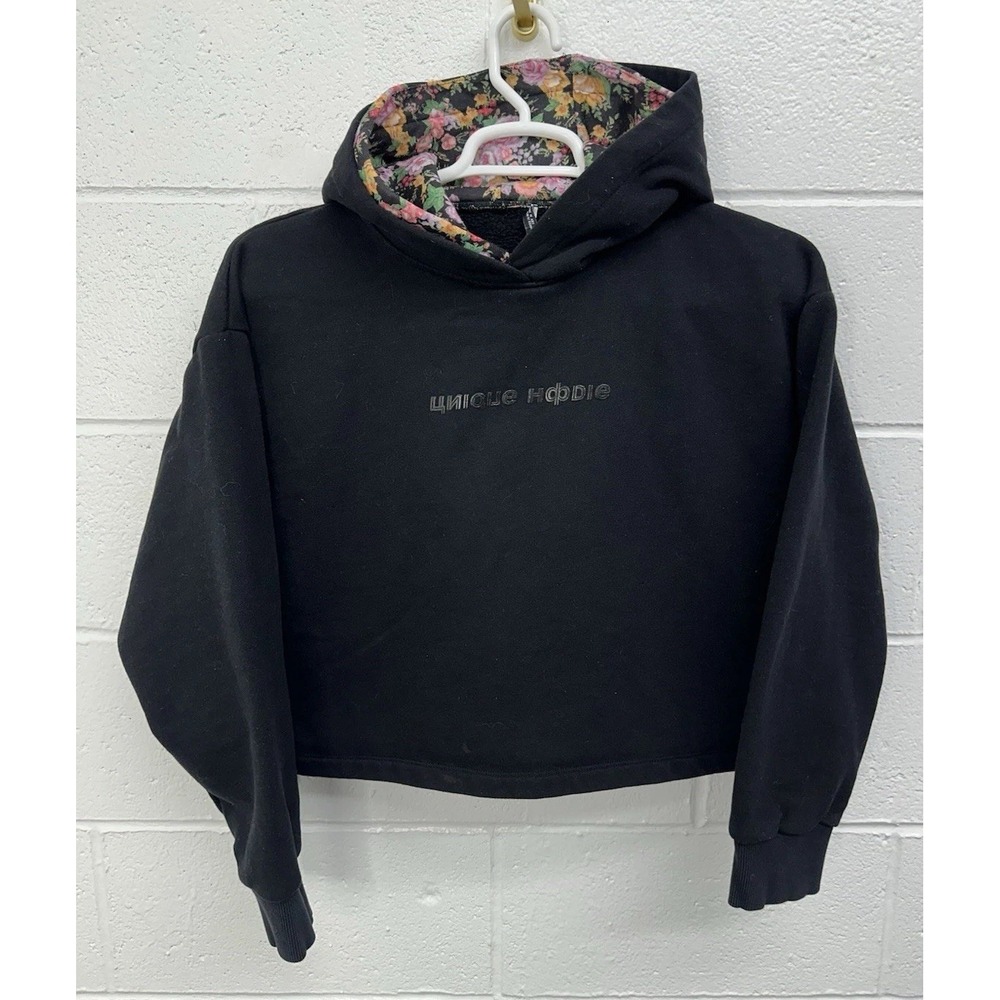 Zara Pullover Hoodie Black Floral Double Hood Cropped / Women's Medium